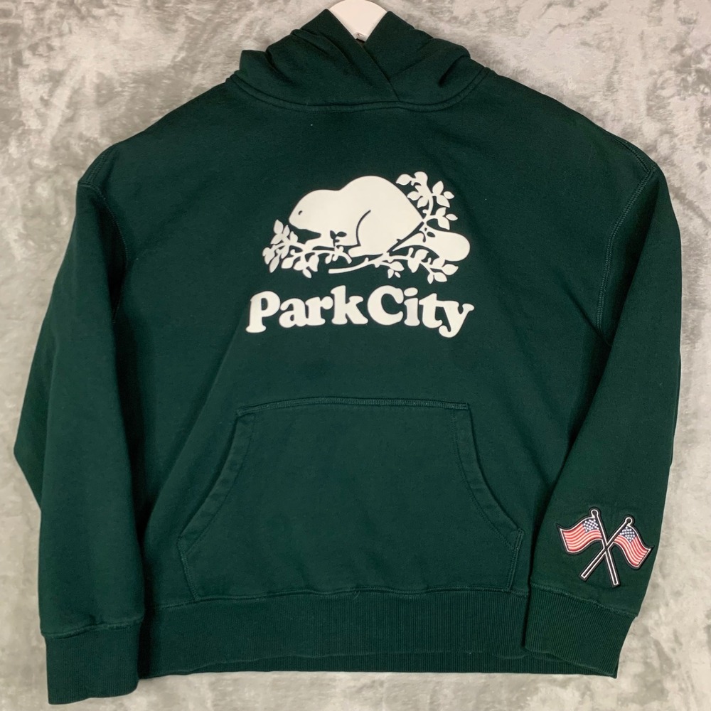 Roots Organic Original Kanga Hoodie Park City UT Green Mens M Ski Beaver Outdoor